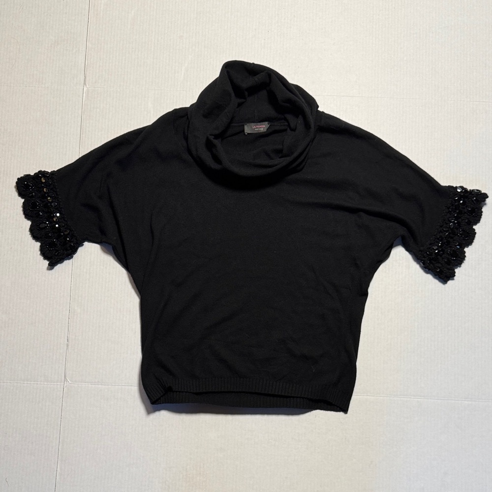 LALTRAMODA Women's Black Cowl Neck Sweater Lace Embellished Sleeve Made in Italy